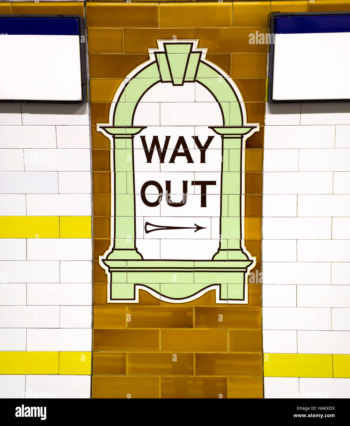 LONDON - NOV 15: A vintage-inspired Way Out sign, painted on the wall tiles in the London Underground, November 15, 2012, England Stock Photo