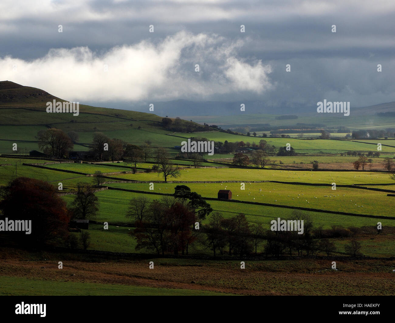 clouds and soft light over barn & fields near Orton in Cumbria UK looking towards the Yorkshire fells beyond Kirkby Stephen Stock Photo
