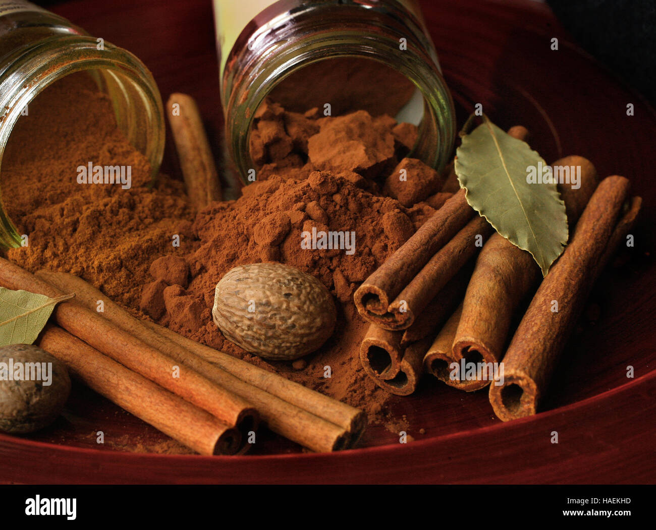 Cinnamon, cinnamon stick, nutmeg and bay leaves are together in this photo  of holiday spices Stock Photo - Alamy