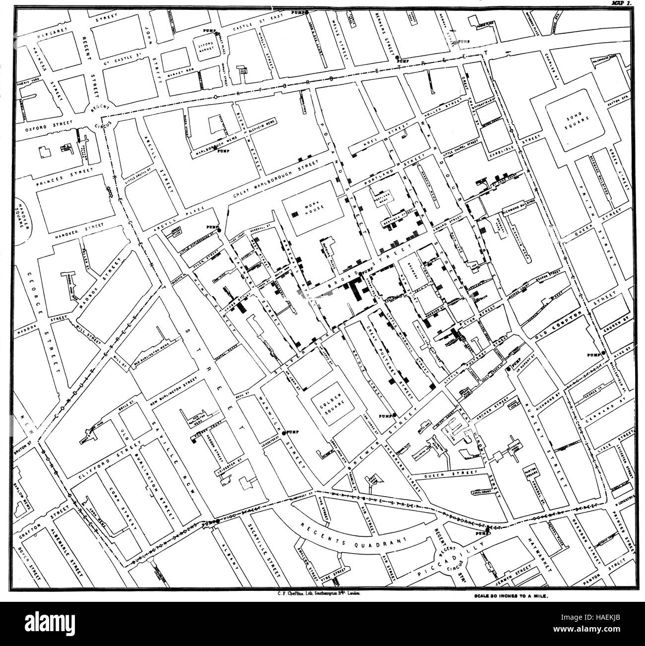 JOHN SNOW (1813-1858) English physician's published map showing the source of an 1854 outbreak of cholera in  London  to be a water pump in Broad Street, Soho. Stock Photo