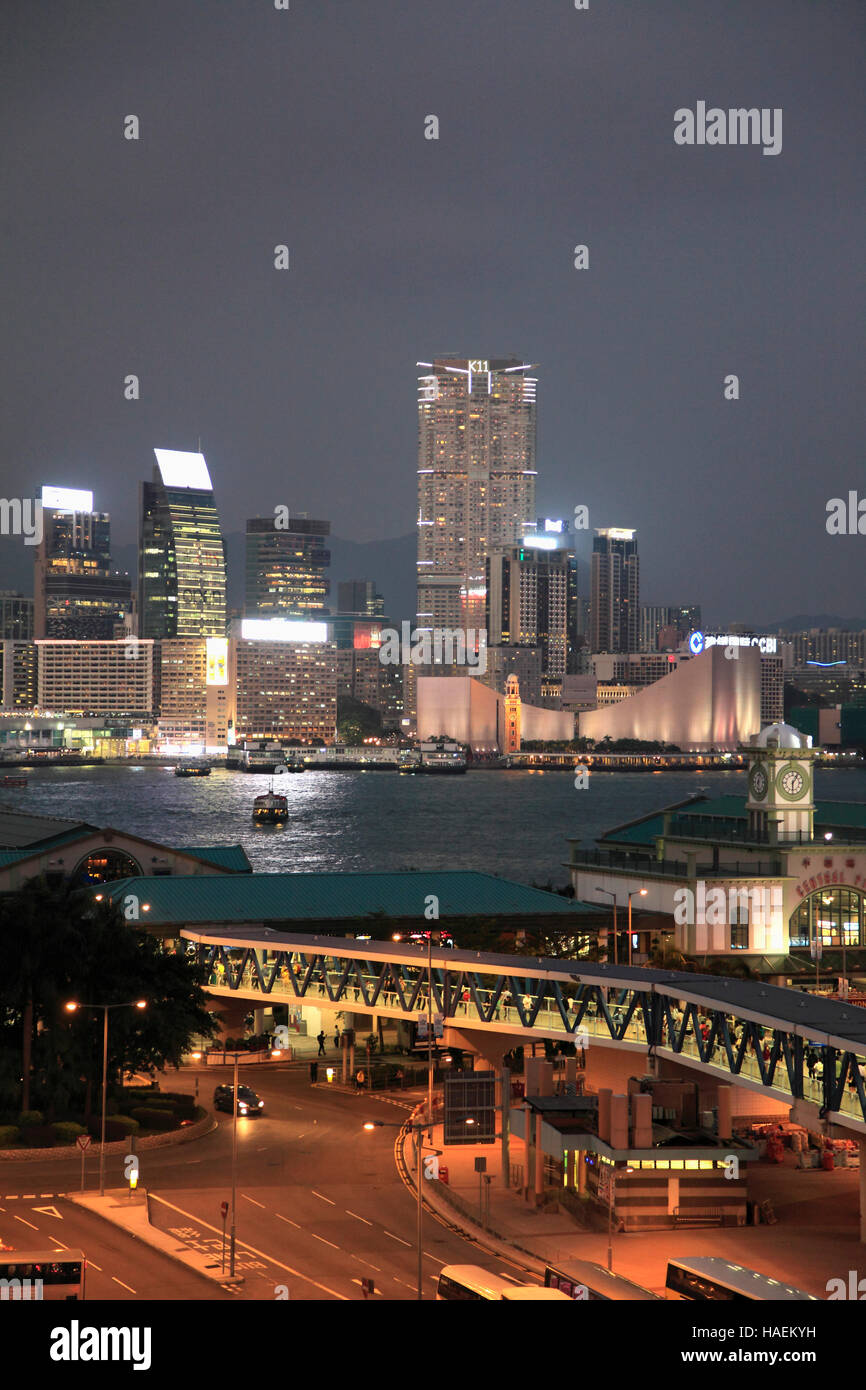 China, Hong Kong, Kowloon, skyline, Star Ferry Pier, night, Stock Photo