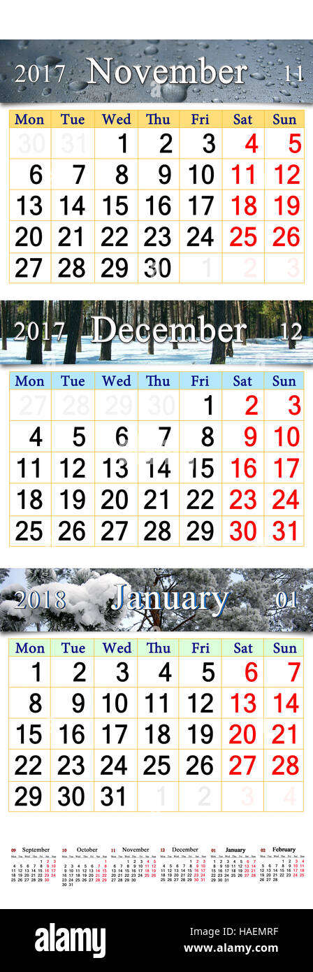 triple calendar for November December 2017 and January 2018 with colored pictures Stock Photo