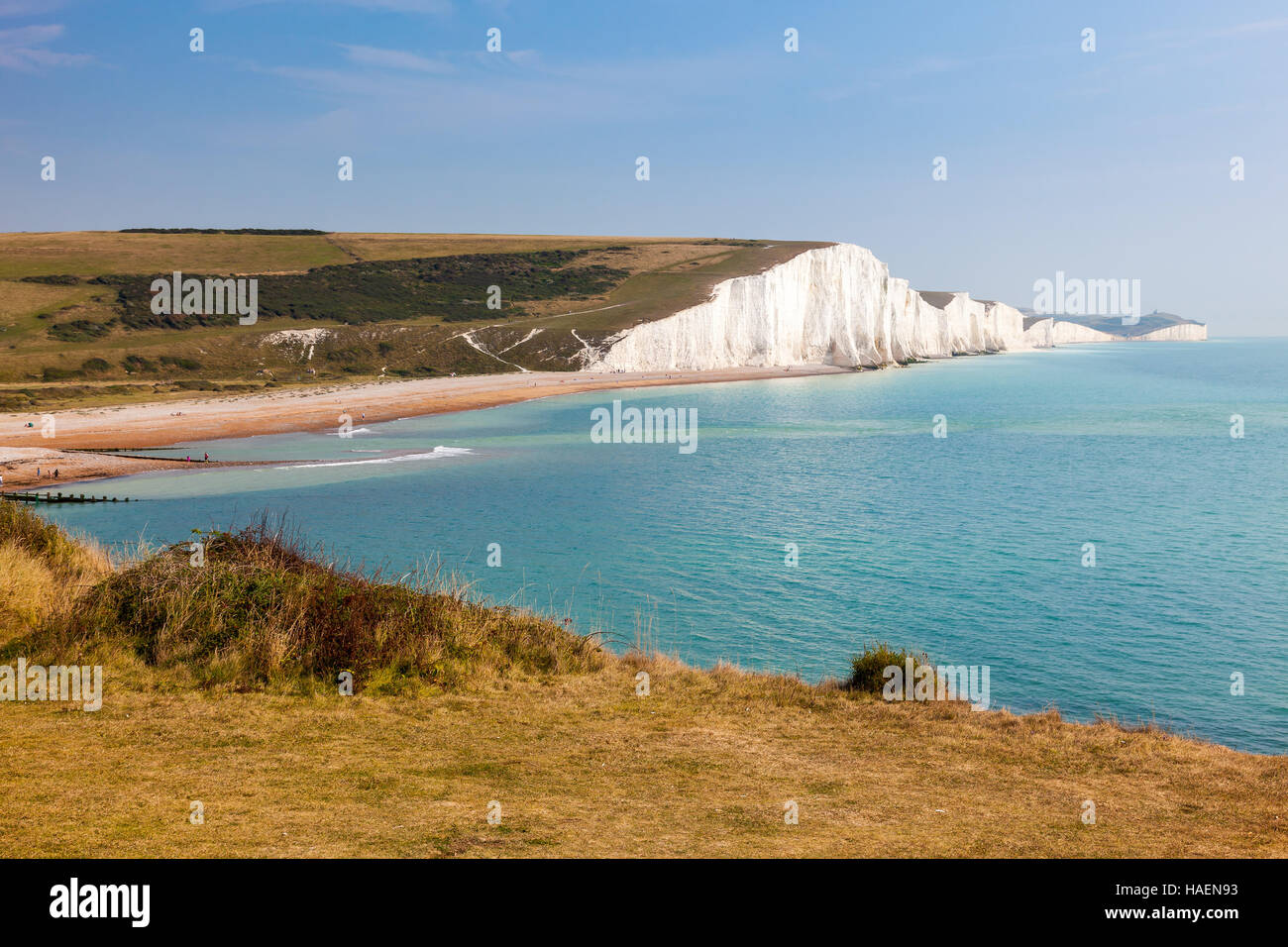 The Seven Sisters Chalk cliffs seen from Seaford Head South Downs East Sussex England UK Stock Photo