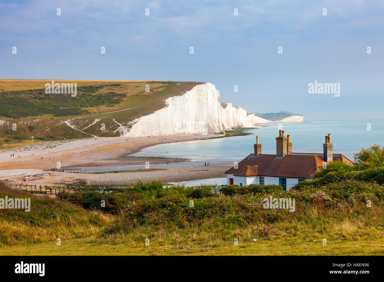 The Seven Sisters Chalk cliffs and the coastguard cottages, from Seaford Head South Downs East Sussex England UK Stock Photo