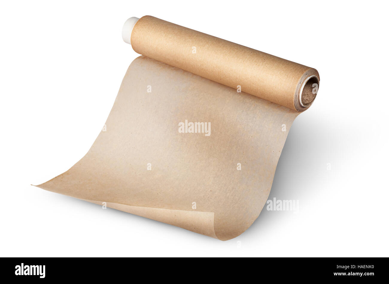 Unwound roll of parchment paper for baking isolated on white background Stock Photo