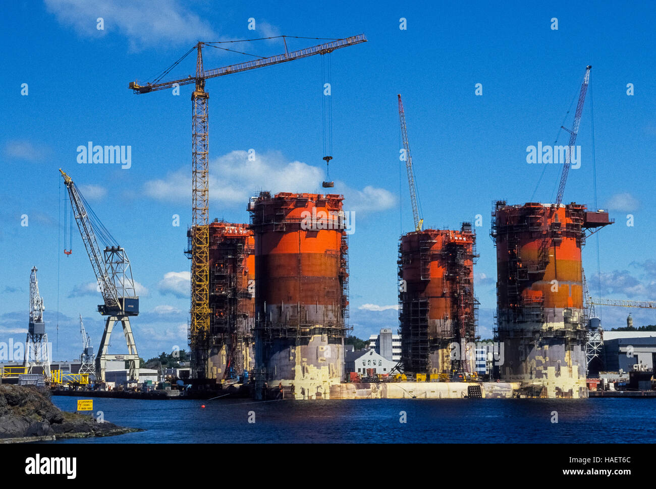 A huge multimillion-dollar platform used for offshore drilling for oil and gas in the North Sea is seen under construction in the 1990s at Stravanger, Norway, which is known as the 'Oil Capital' of that Scandinavian country. In the mid-1980s there were nearly 100 oil rigs operating in the North Sea but the number has dwindled since the turn of the century due to slumps in the prices for petroleum. Stock Photo