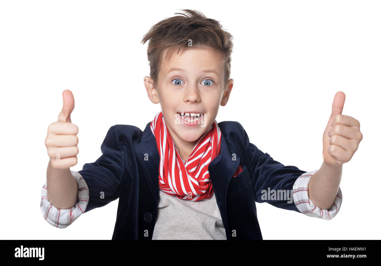 Boy shows thumbs up Stock Photo - Alamy