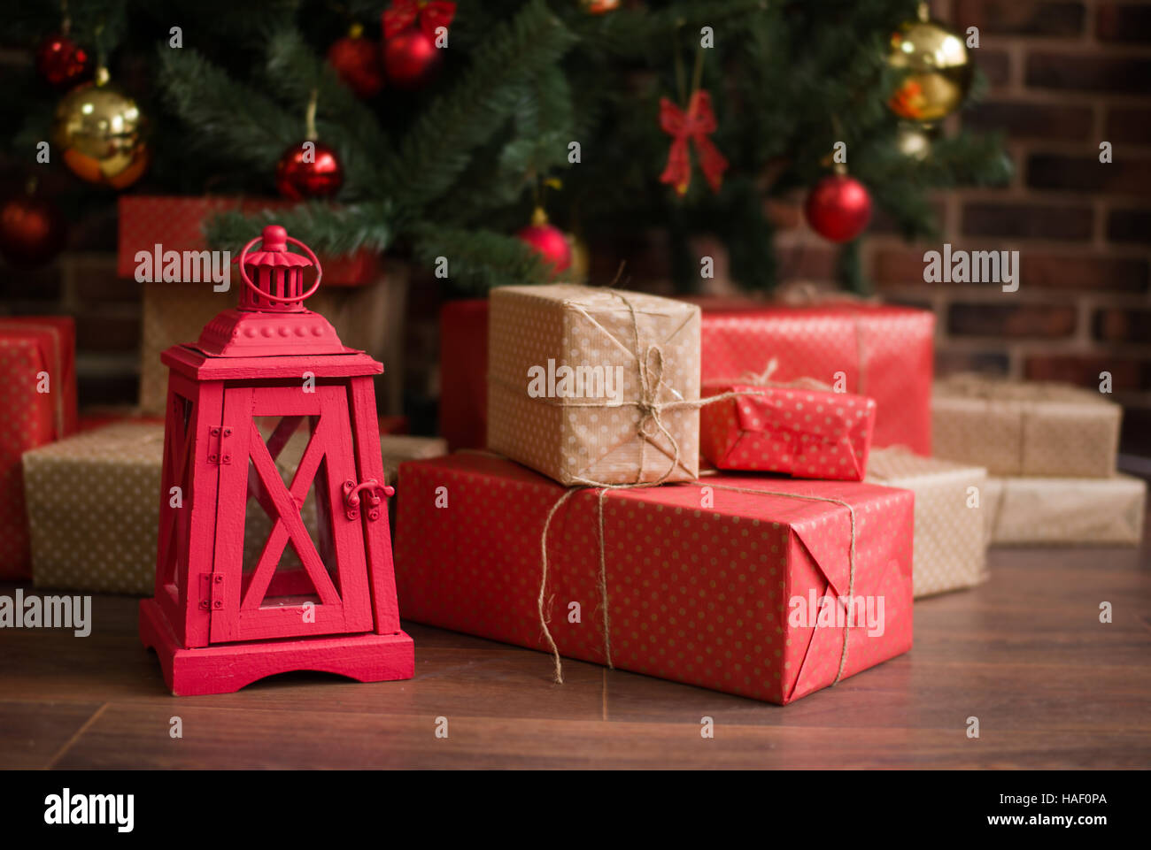 Boxes with Christmas gifts under the tree Stock Photo