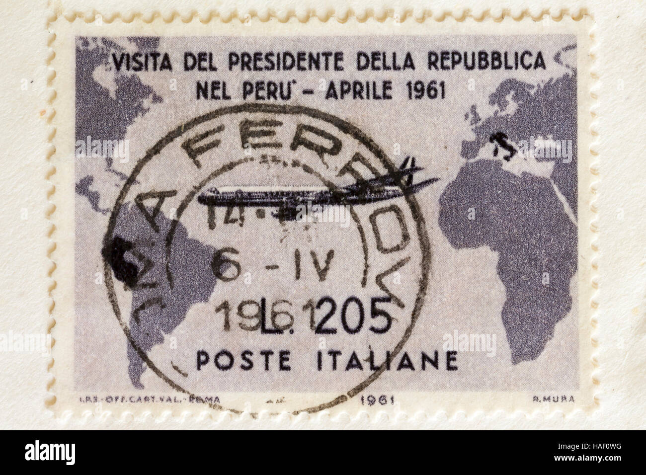 Biella, Italy - November 26, 2016. Rare post stamp  depicting the visit of President Gronchi in Peru in april 1961 Stock Photo