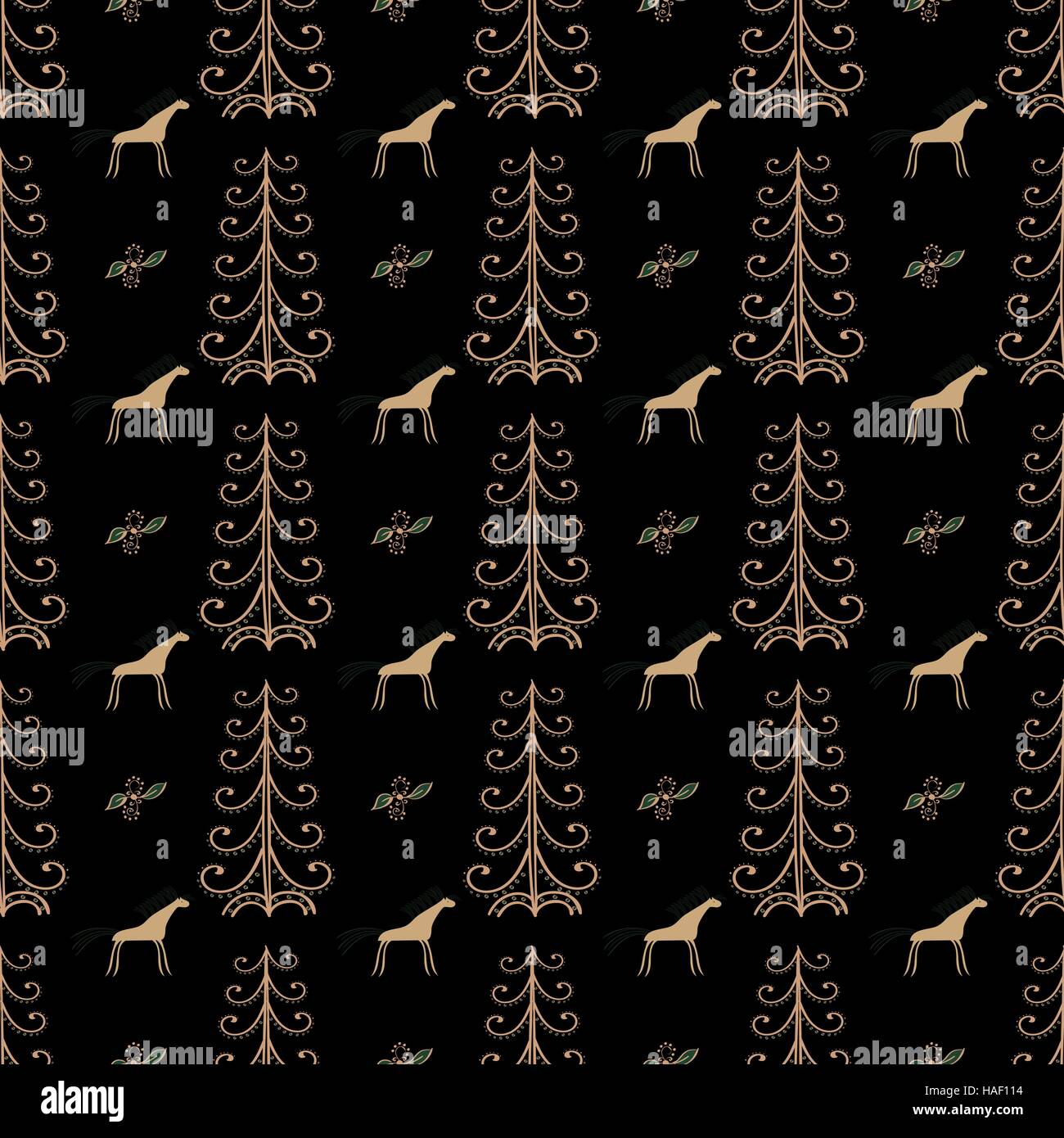 Horse among forest trees seamless pattern. Stock Vector
