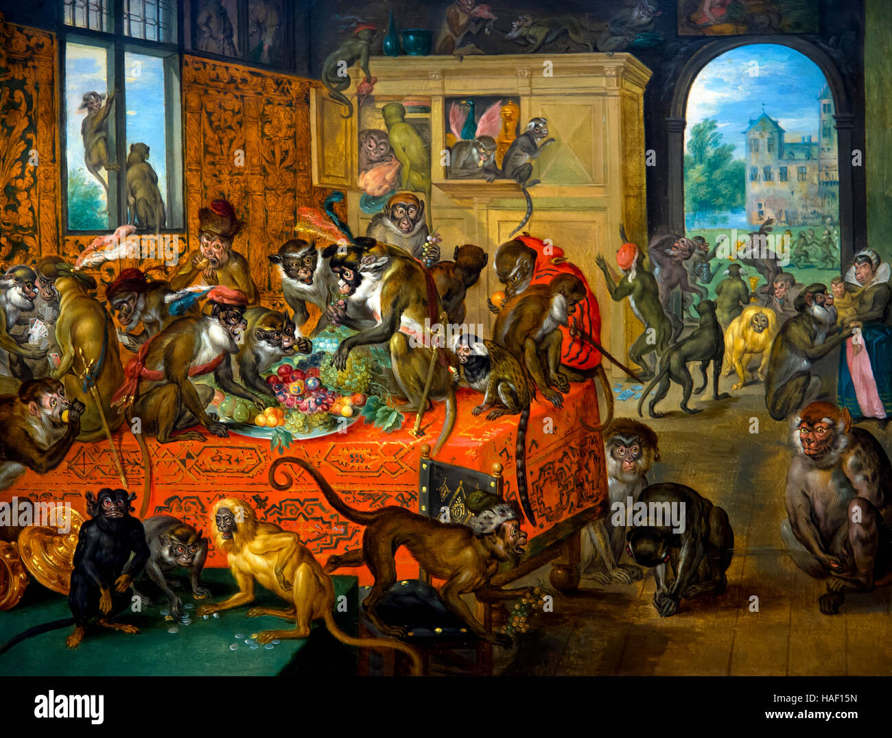 Monkeys feasting, by Jan Brueghel the Elder, 1620's, Rubenshuis, Antwerp, Belgium, Europe Stock Photo