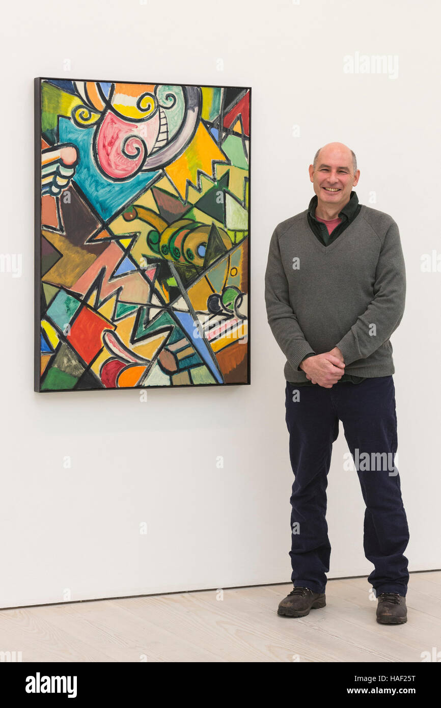 Artist Ansel Krut poses with his painting Shattered Man, 2010. Saatchi Gallery presents its new exhibition Painters' Painters: Artists of today who inspire artists of tomorrow, featuring the work of nine present-day painters ranging from their 30s to their 60s. Painters' Painters features the work of Richard Aldrich, David Brian Smith, Dexter Dalwood, Raffi Kalenderian, Ansel Krut, Martin Maloney, Bjarne Melgaard, Ryan Mosley and David Salle. The exhibition runs from 30 November 2016 to 28 February 2017. Stock Photo