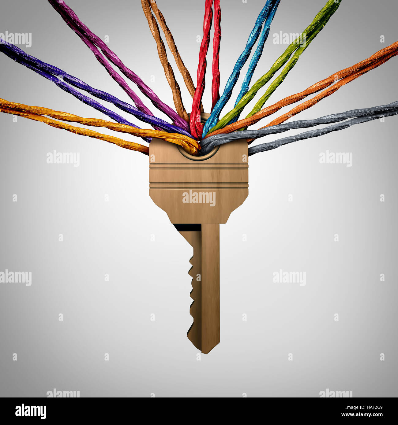 Community Key or network password concept as a group of viverse ropes connected to a security symbol as a social protection metaphor for team success Stock Photo