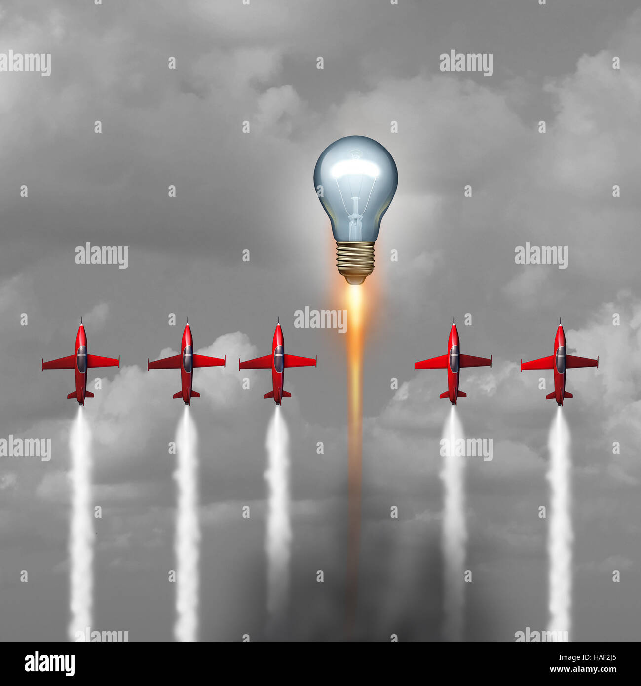 Great idea concept as a group of jet airplanes flying upward with a lightbulb blasting above the competition with a rocket engine as a powerful creati Stock Photo