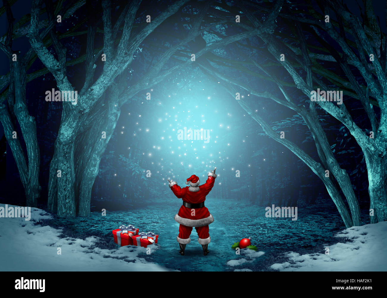 Magical santa claus background as a jolly Christmas symbol spreading magic sparkles in a winter forest celebration with snow and copy space with 3D il Stock Photo