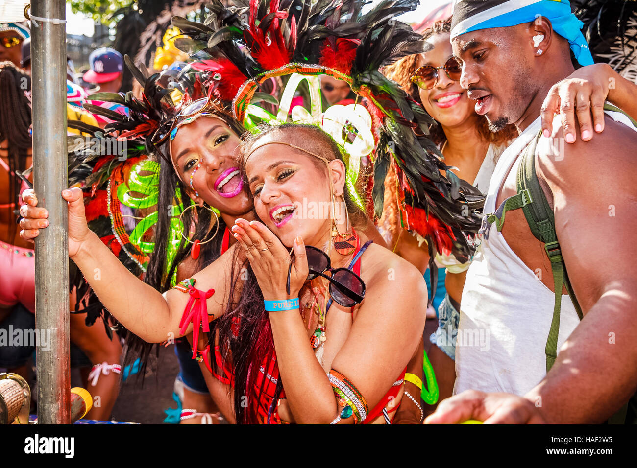 Revellers from the Cocoyea London mas band's Notting Hill Carnival 2016 presentation, Reflexion. Stock Photo