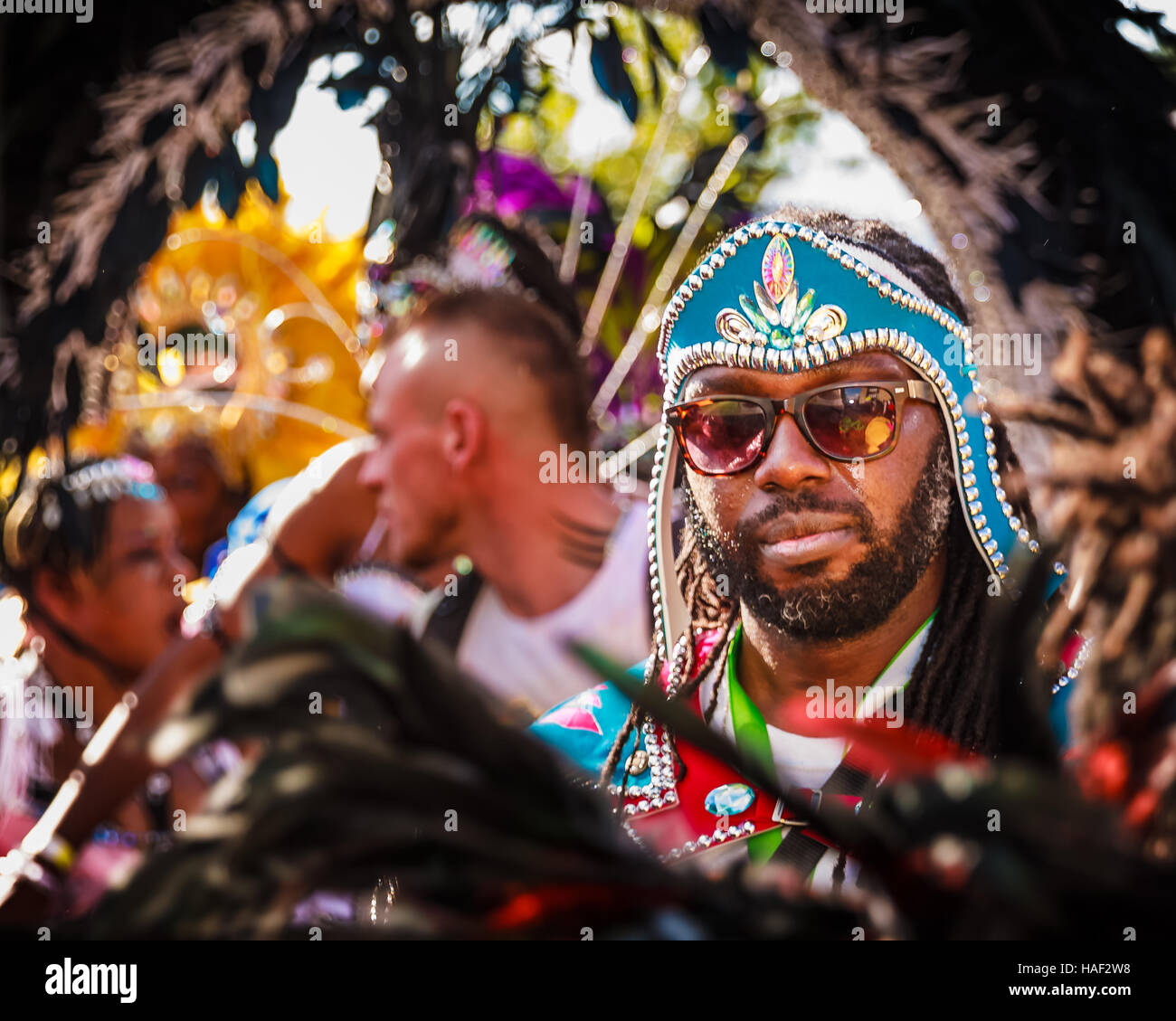 Revellers from the Cocoyea London mas band's Notting Hill Carnival 2016 presentation, Reflexion. Stock Photo