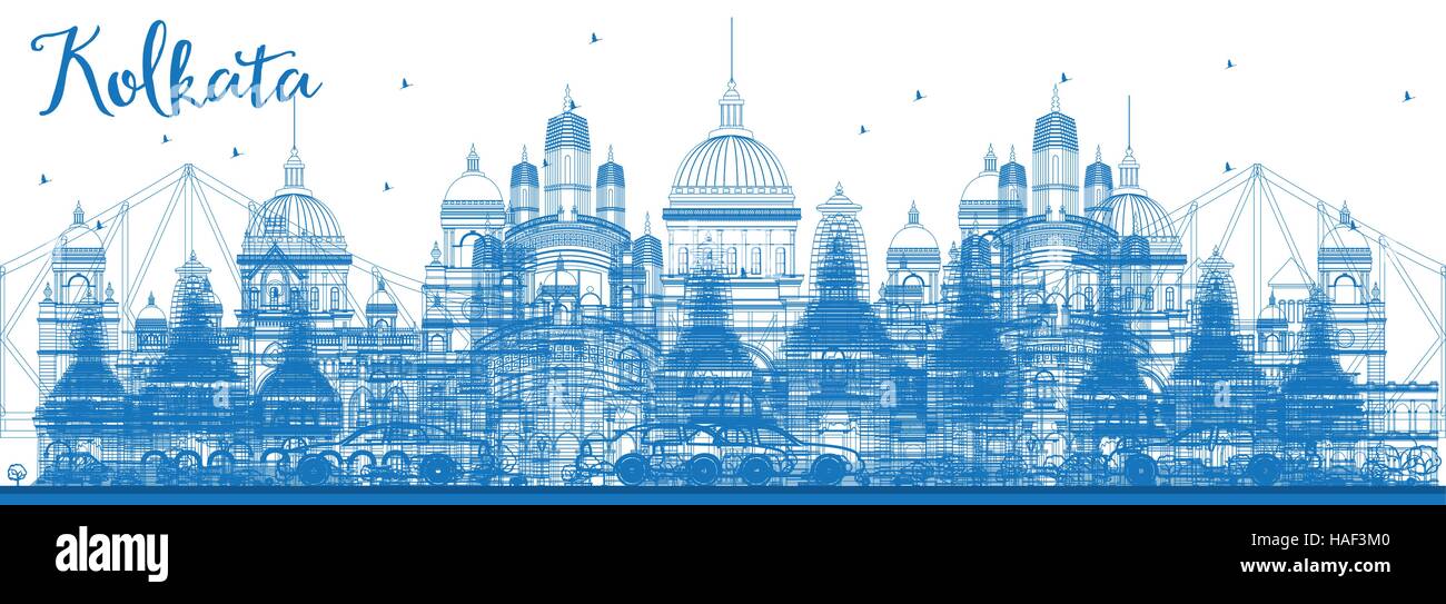 Outline Kolkata Skyline with Blue Landmarks. Vector Illustration. Business Travel and Tourism Concept with Historic Architecture. Stock Vector