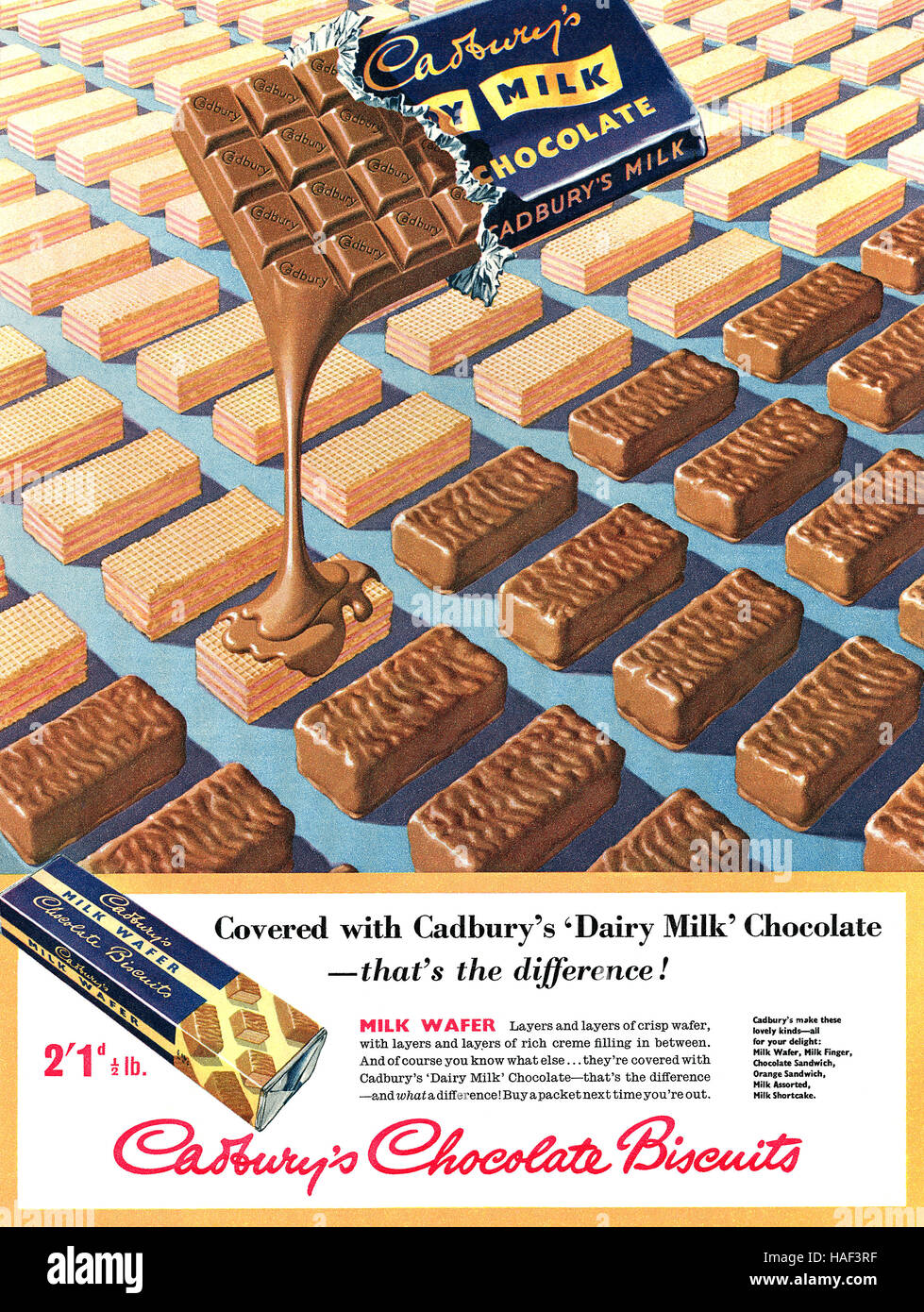 1956 British advertisement for Cadbury's Milk Wafer Chocolate Biscuits Stock Photo