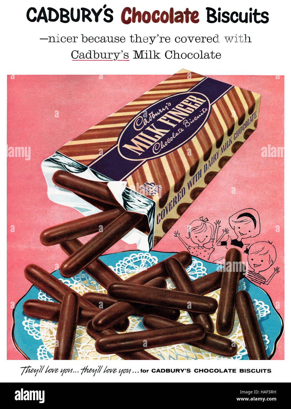 1959 British advertisement for Cadbury's Milk Finger Chocolate Biscuits Stock Photo