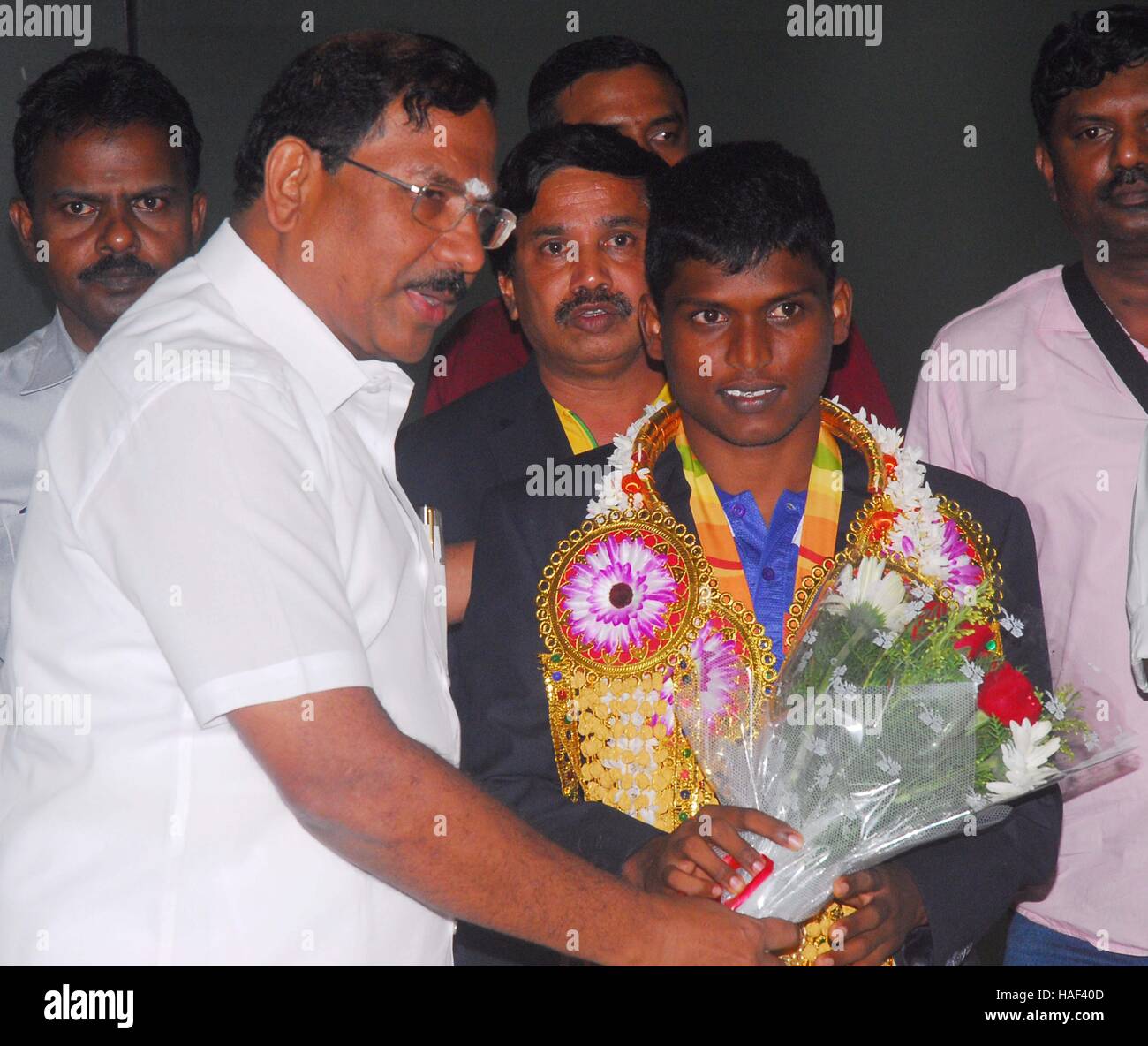 Rio Paralympic gold medallist Mariyappan Thangavelu welcome on his arrival at Chennai Airport in India on September 23, 2016. Stock Photo