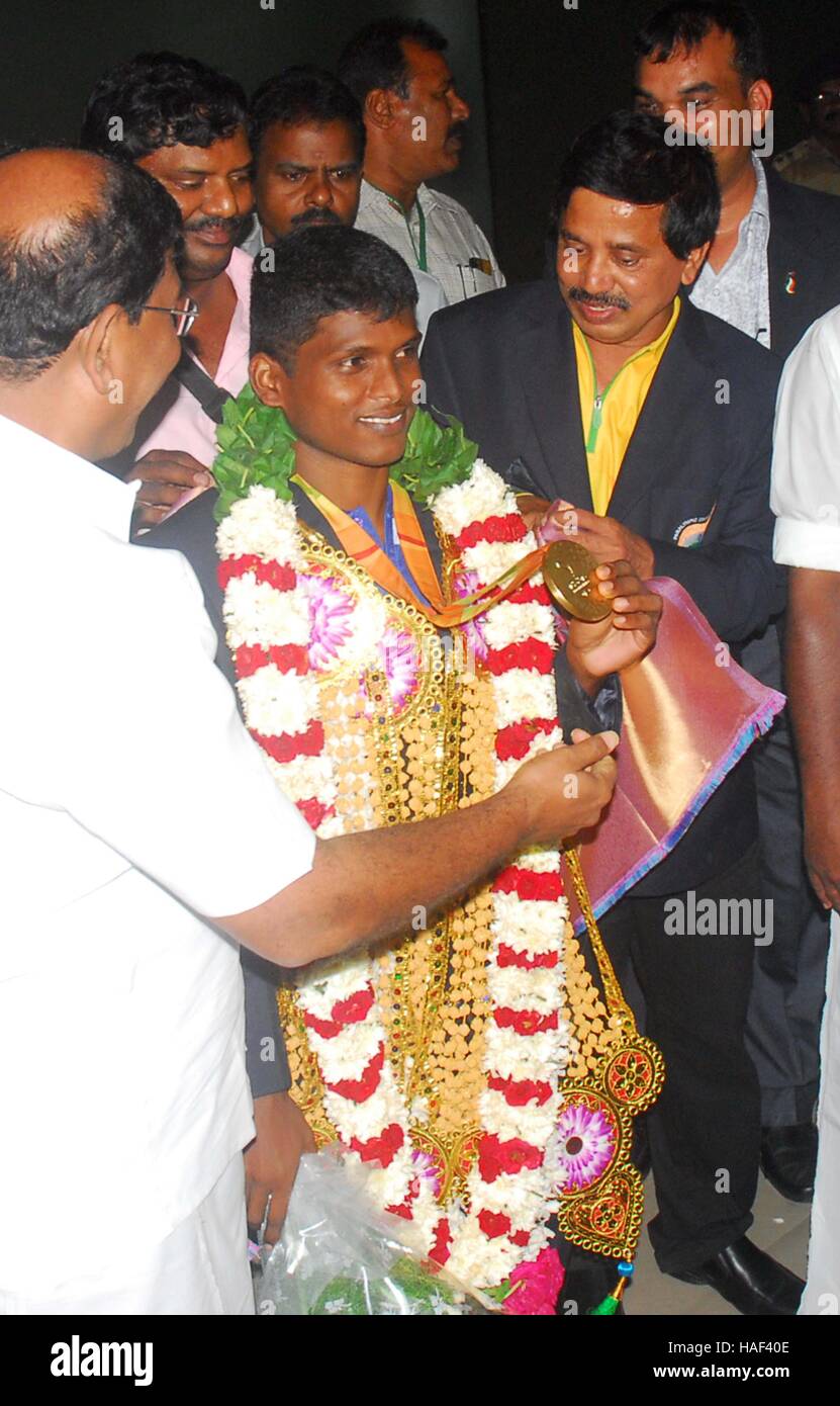 Rio Paralympic gold medallist Mariyappan Thangavelu welcome on his arrival at Chennai Airport in India on September 23, 2016. Stock Photo