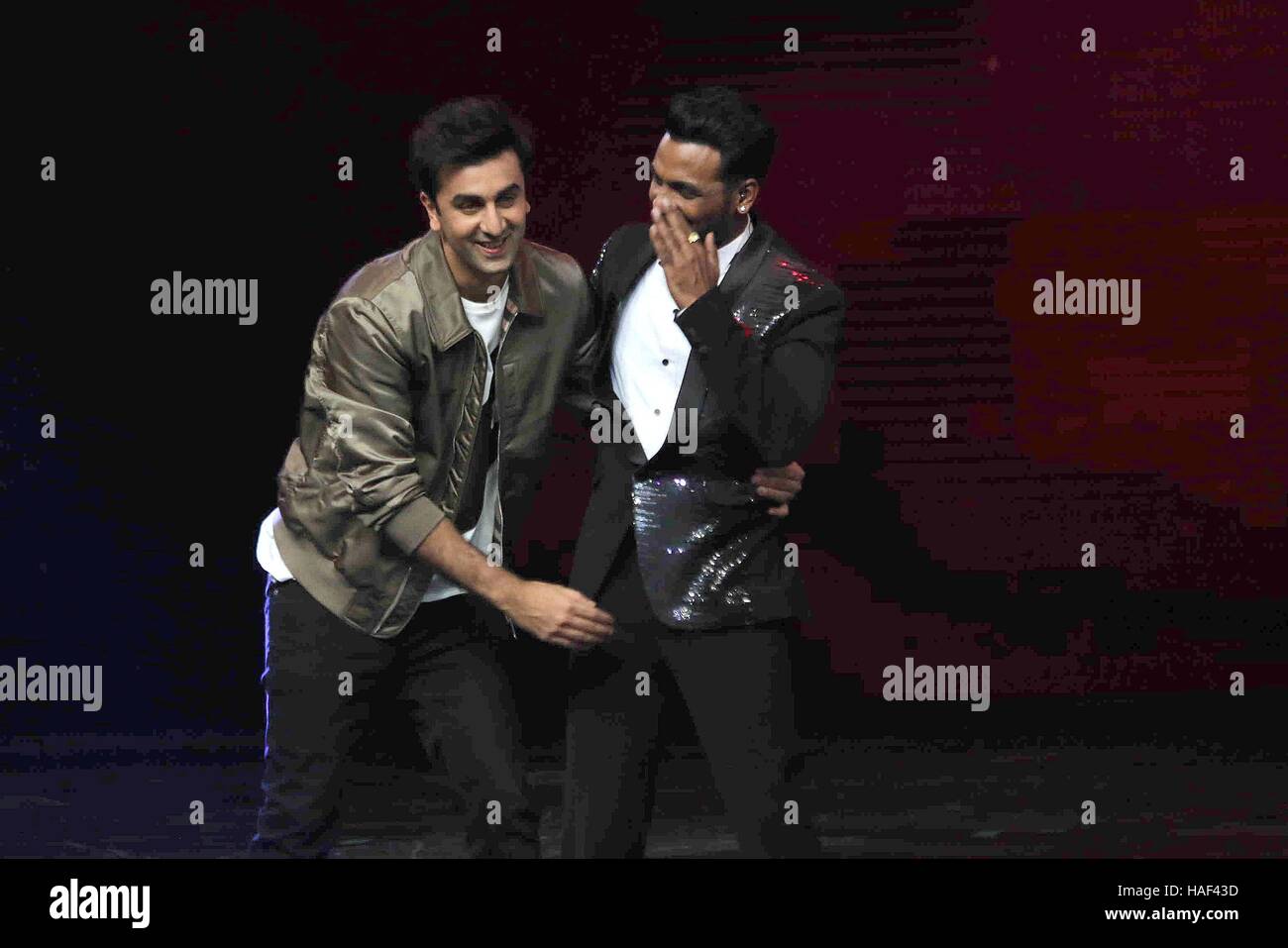 Bollywood actor Ranbir Kapoor with choreographer Remo D'Souza grand finale of Dance Plus Season 2, in Mumbai Stock Photo