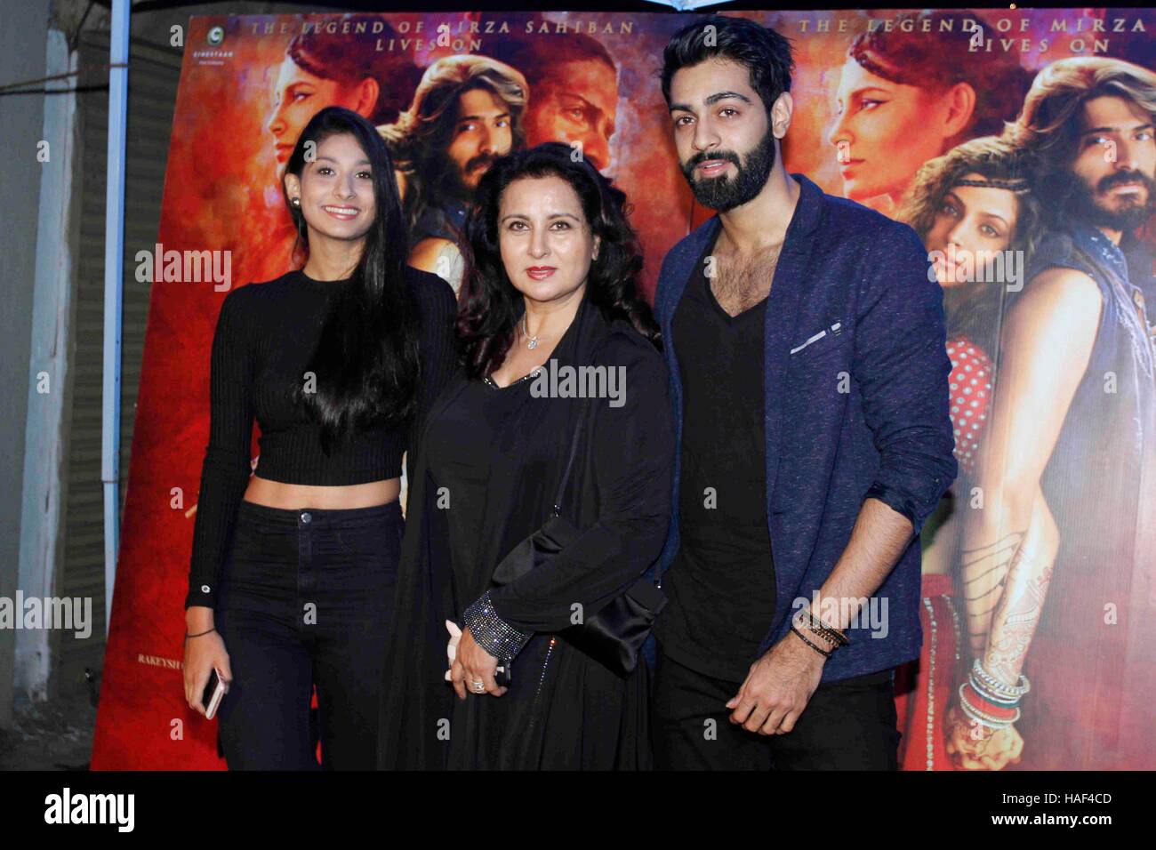 Bollywood actor Poonam Dhillon with her daughter Paloma and son Anmol red carpet for get together of film Mirzya in Mumbai Stock Photo