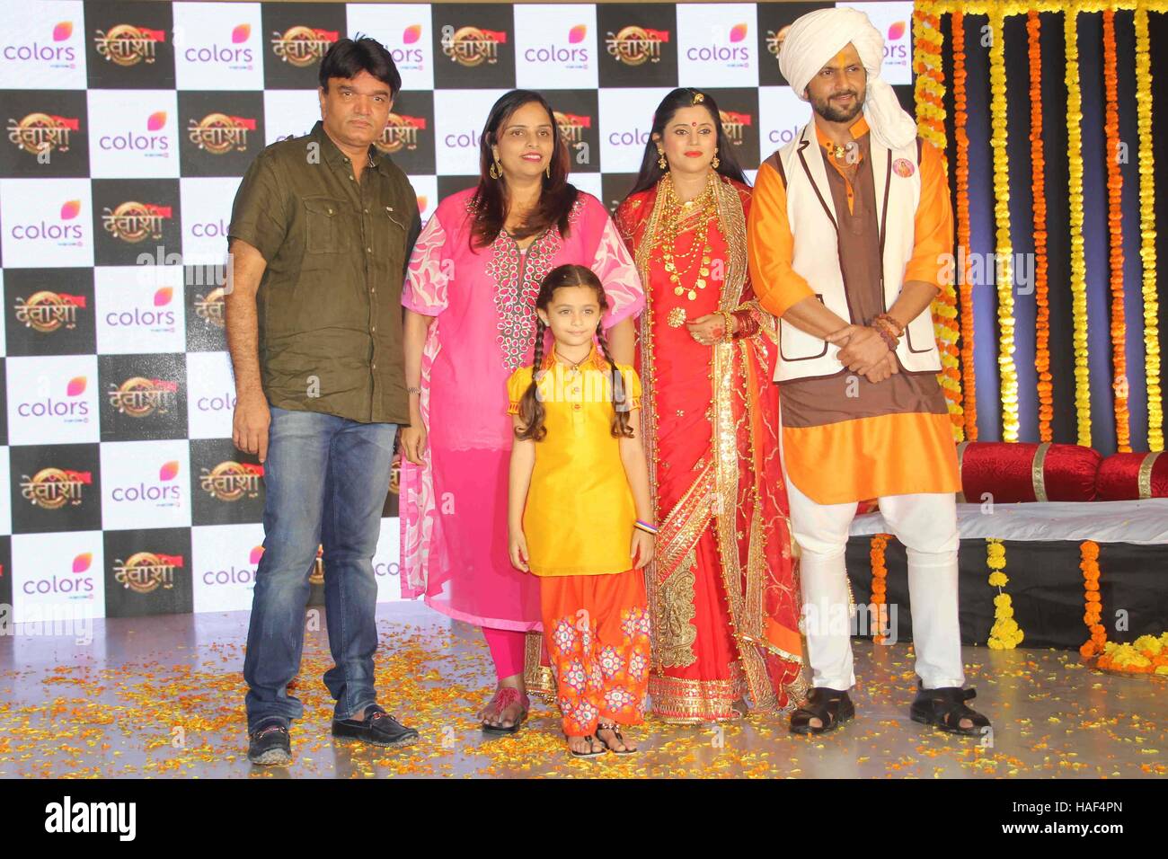 Producer Amir Jaffer, Sonali Jaffer, actors Karuna Pandey, Kashvi Kothari, Aamir Dalvi at launch of Colors TV show Devanshi 2016 Stock Photo