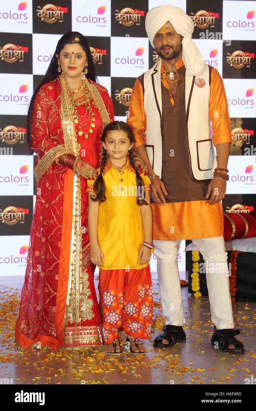 Television actors Karuna Pandey, Kashvi Kothari and Aamir Dalvi during the launch of Colors TV new show Devanshi in Mumbai Stock Photo