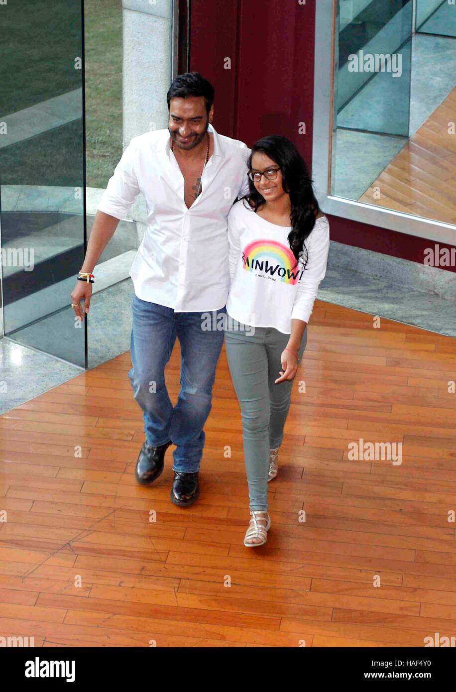 Bollywood actor Ajay Devgn daughter Nysa press conference of Smile Foundation announce new campaign She Can Fly Mumbai Stock Photo