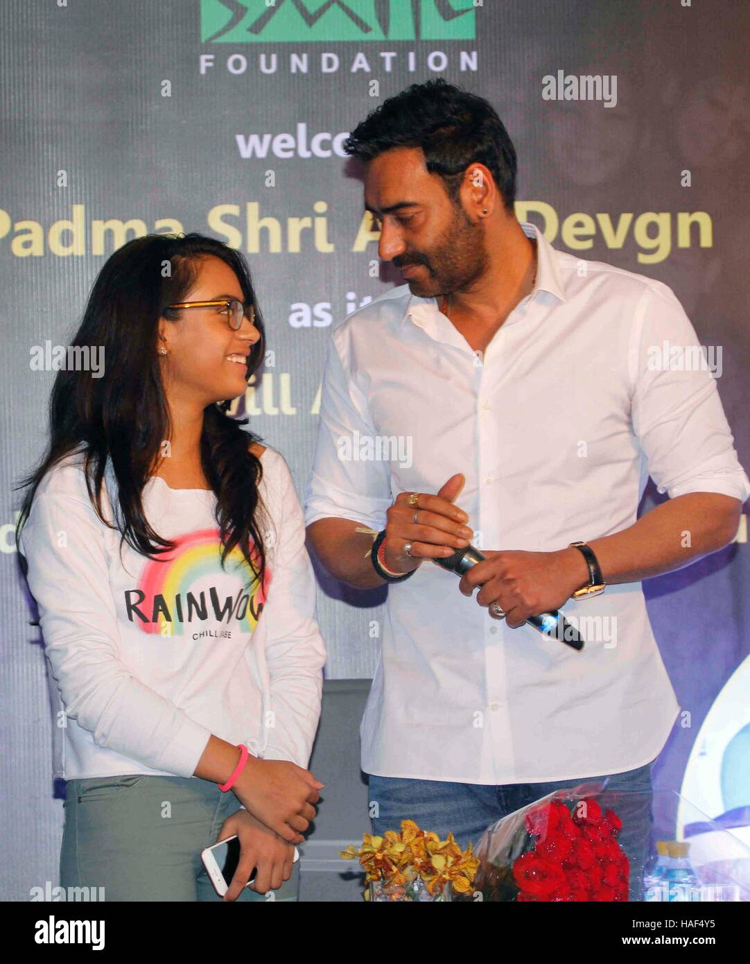 Bollywood actor Ajay Devgn daughter Nysa press conference of Smile Foundation announce new campaign She Can Fly' Mumbai Stock Photo