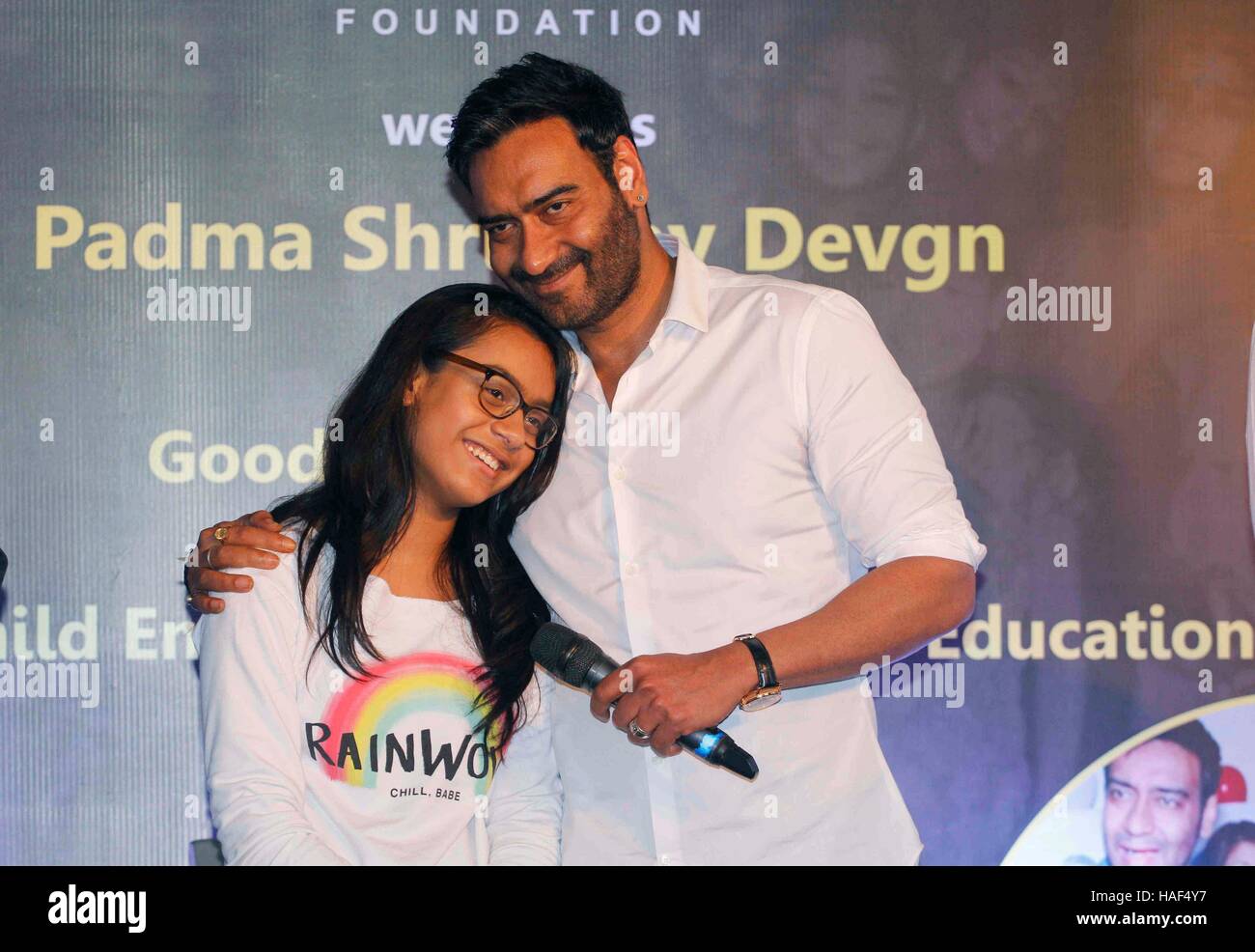 Bollywood actor Ajay Devgn daughter Nysa press conference of Smile Foundation announce new campaign She Can Fly Mumbai Stock Photo