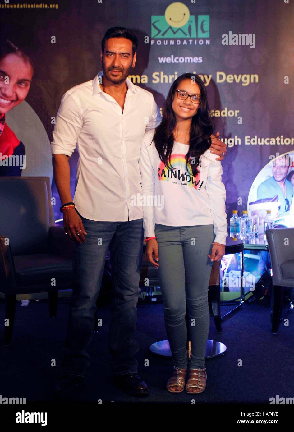 Bollywood actor Ajay Devgn daughter Nysa press conference Smile Foundation announce new campaign She Can Fly' Mumbai Stock Photo