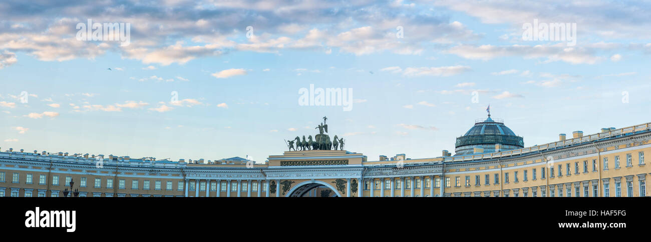 Palace Square in Saint Petersburg, Russia. The monuments on the square - Winter Palace of Russian tsars, Empire-style Building of the General Staff an Stock Photo