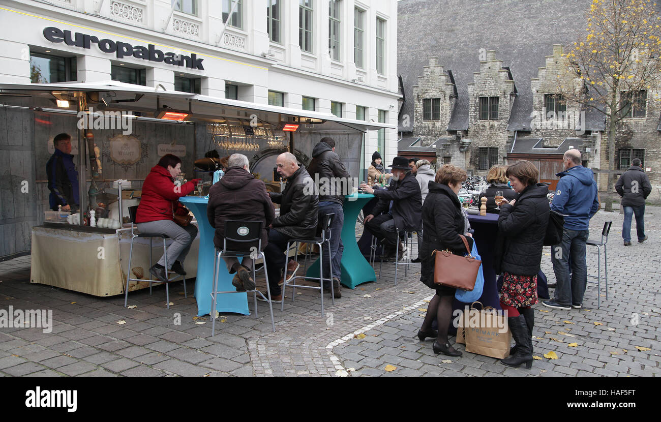 Ghent Champagne and Oysters in the market in Ghent Belgium Stock Photo