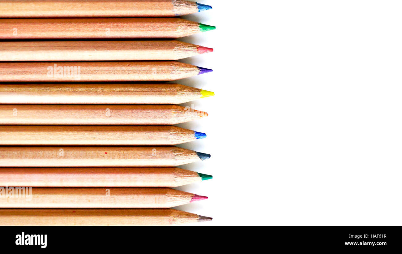 Wooden Color pencils arrangement top view stationery office supply business isolated Stock Photo