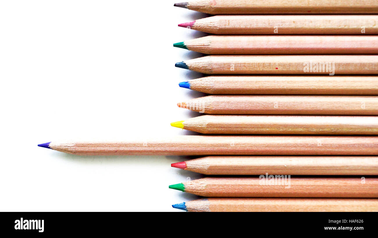 Wooden Color pencils purple accent top view stationery office supply business isolated Stock Photo