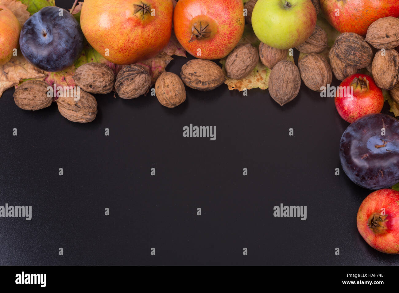 autumn still life, copy space, dark background, autumn composition from ...