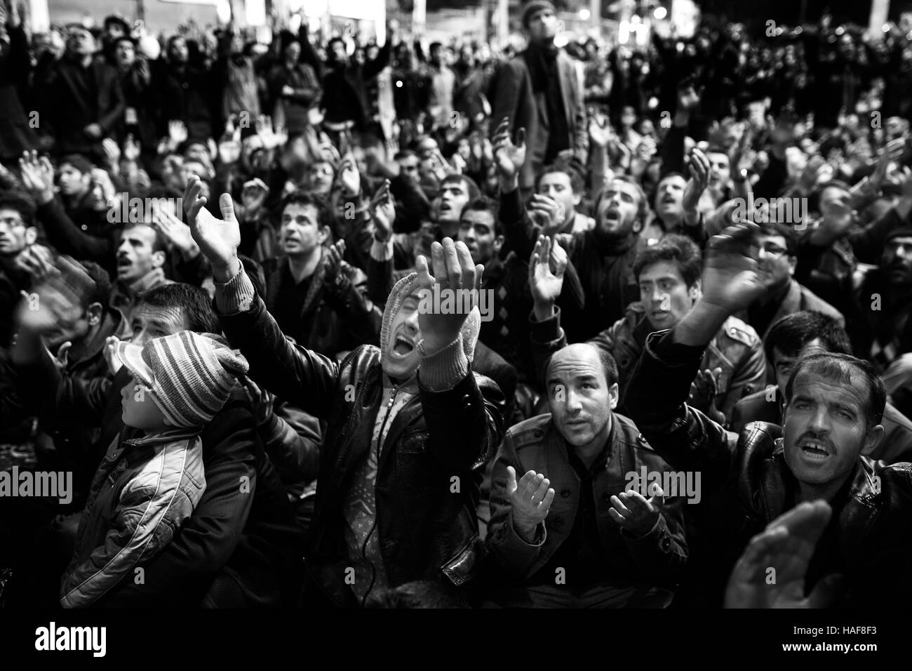 Shia muslums  pray in the mourning of Ashura In the city of  Zencan of Azerbaijani province of Iran. Stock Photo