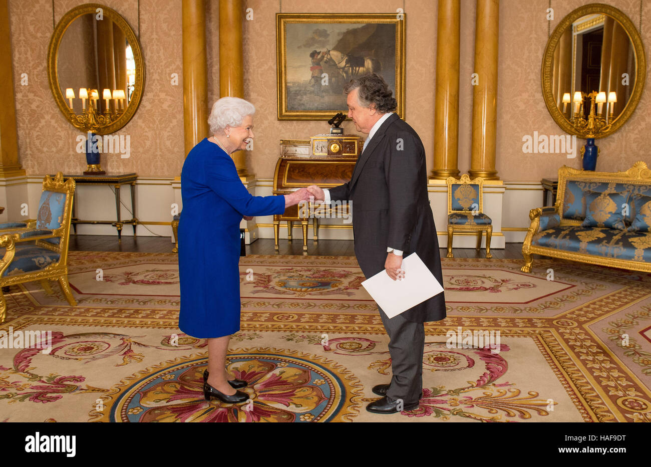 Queen Elizabeth II meets the Ambassador of Portugal Manuel Lobo Antunes during a private audience at Buckingham Palace, London. Stock Photo