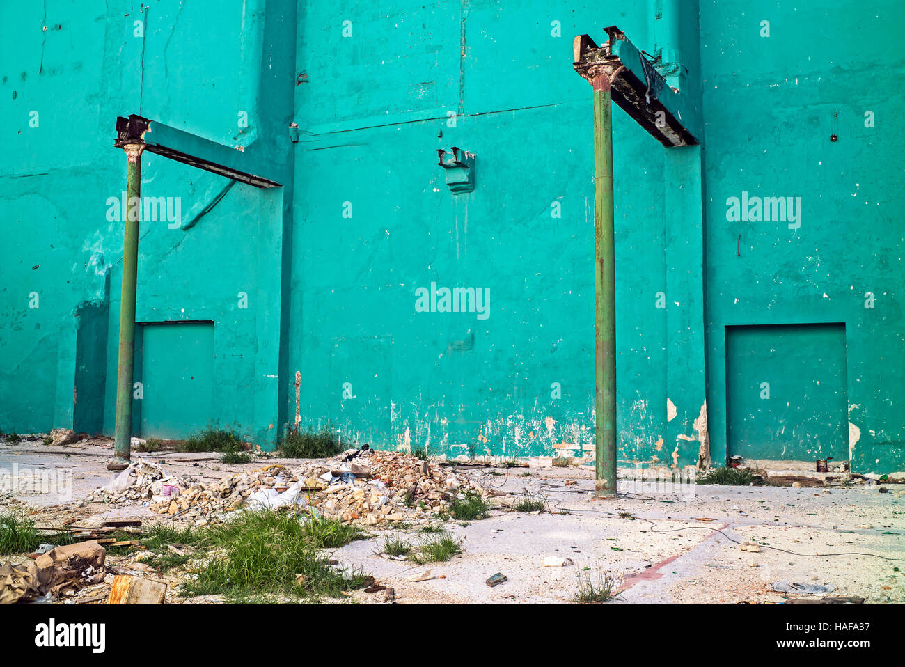 Havana Cuba,green painted walls of empty building site Stock Photo