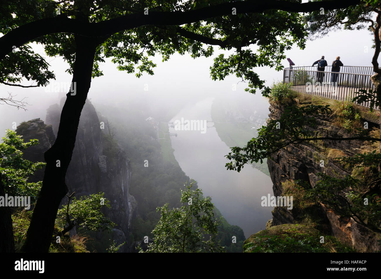 Rathen: Basteiaussicht über der Elbe, unten der Ort Rathen, Sächsische Schweiz, Saxon Switzerland, Sachsen, Saxony, Germany Stock Photo