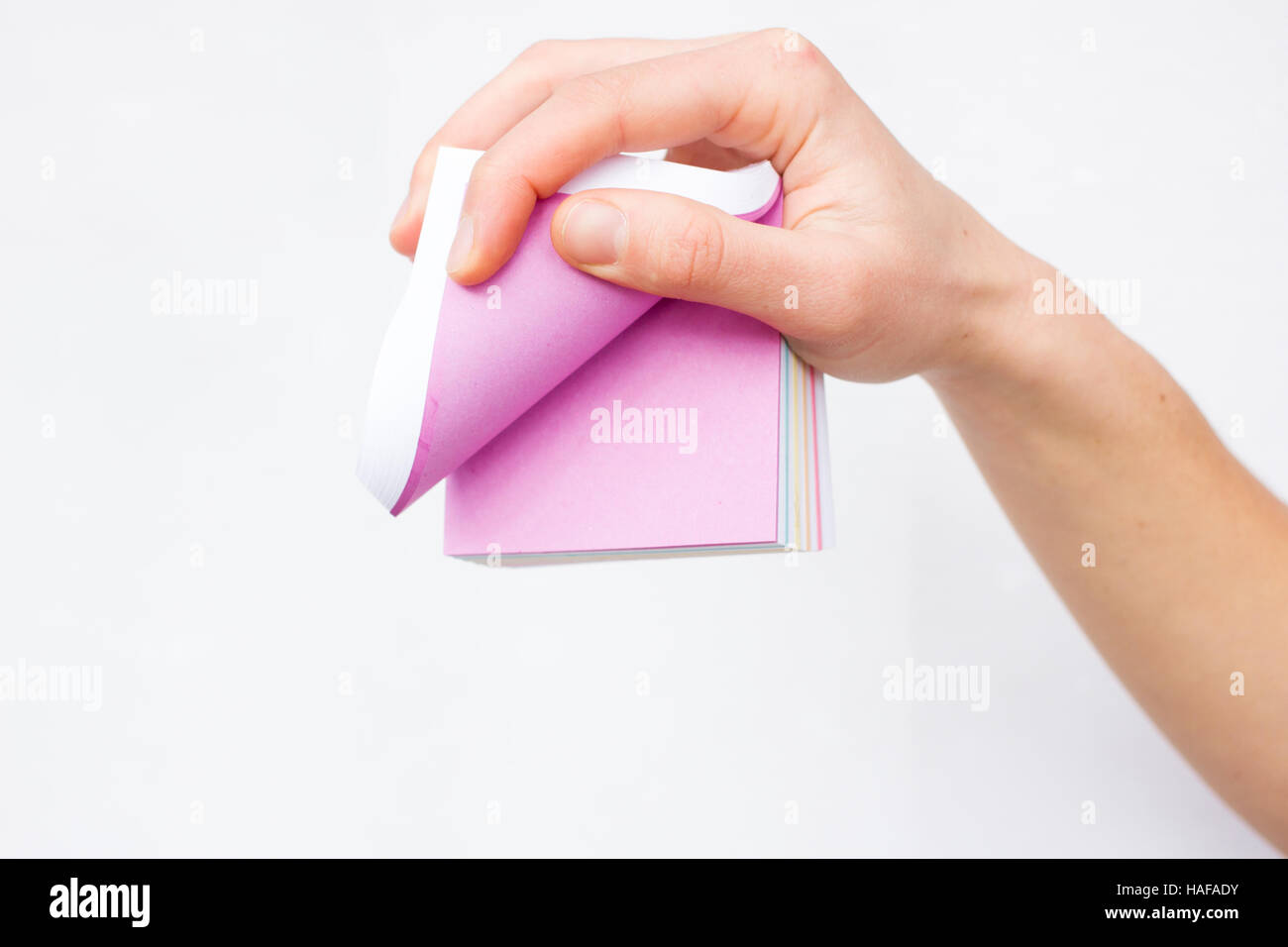 Pink sheet of paper in woman hands. Advertising. Finger hold Stock ...