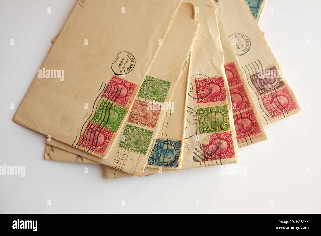 pile of old letters, envelopes post stamps Stock Photo