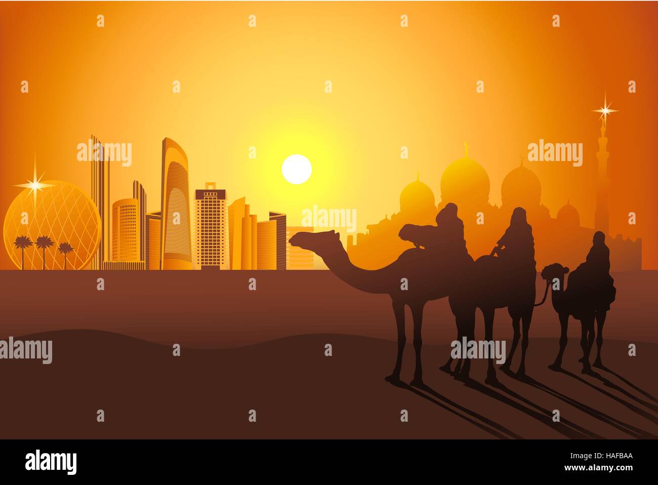 Three camel riders at the sunset in the desert on the Abu-Dhabi ...