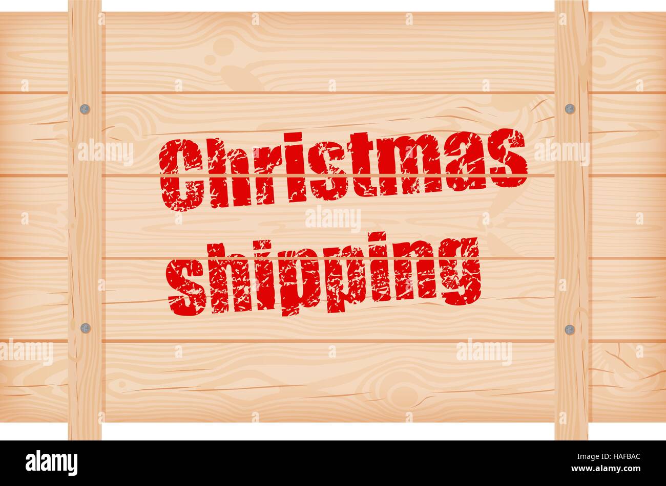 Christmas wooden shipping box with knots,cracks and nails and red label vector illustration Stock Vector