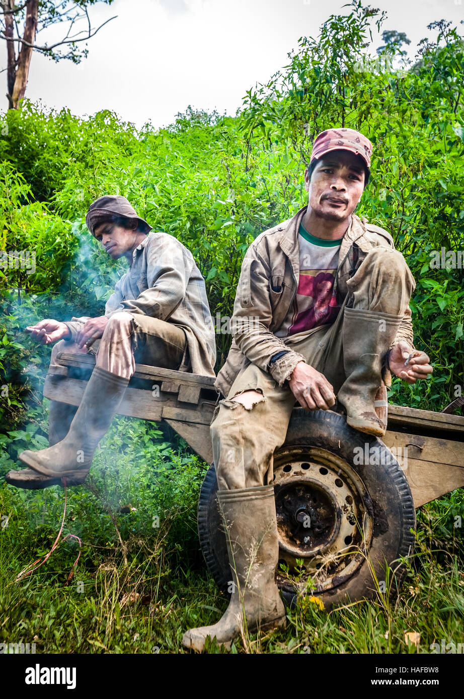 Young Rural Smokers Portrait of agricultural workers smoking as they are sitting on a ...