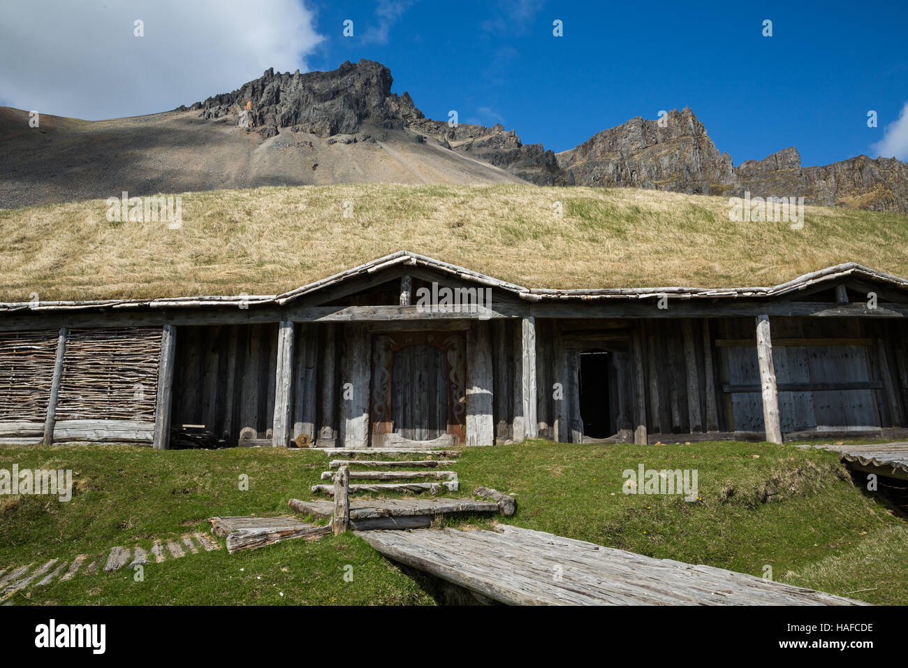 This long-house was created on an entire viking village film set for a production that was never filmed. Everthing about the village looks authentic a Stock Photo