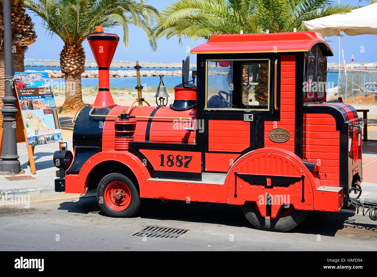 Red land train along the promenade, Rethymno, Crete, Greece, Europe ...